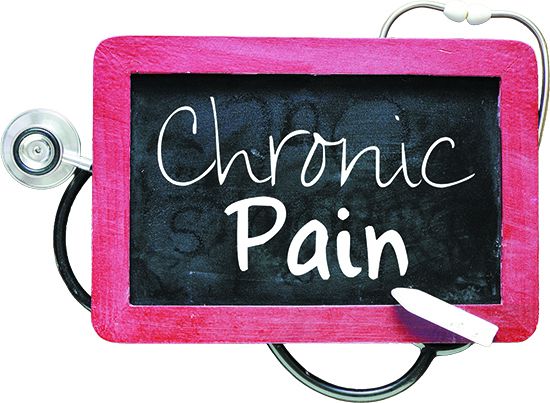 CHRONIC PAIN handwritten with white chalk on a blackboard on wood background